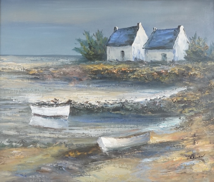 Jean LeGuen (French, 20th. C), oil on canvas, Brittany coastal scene with cottages, signed, 49 x 58cm. Condition - good